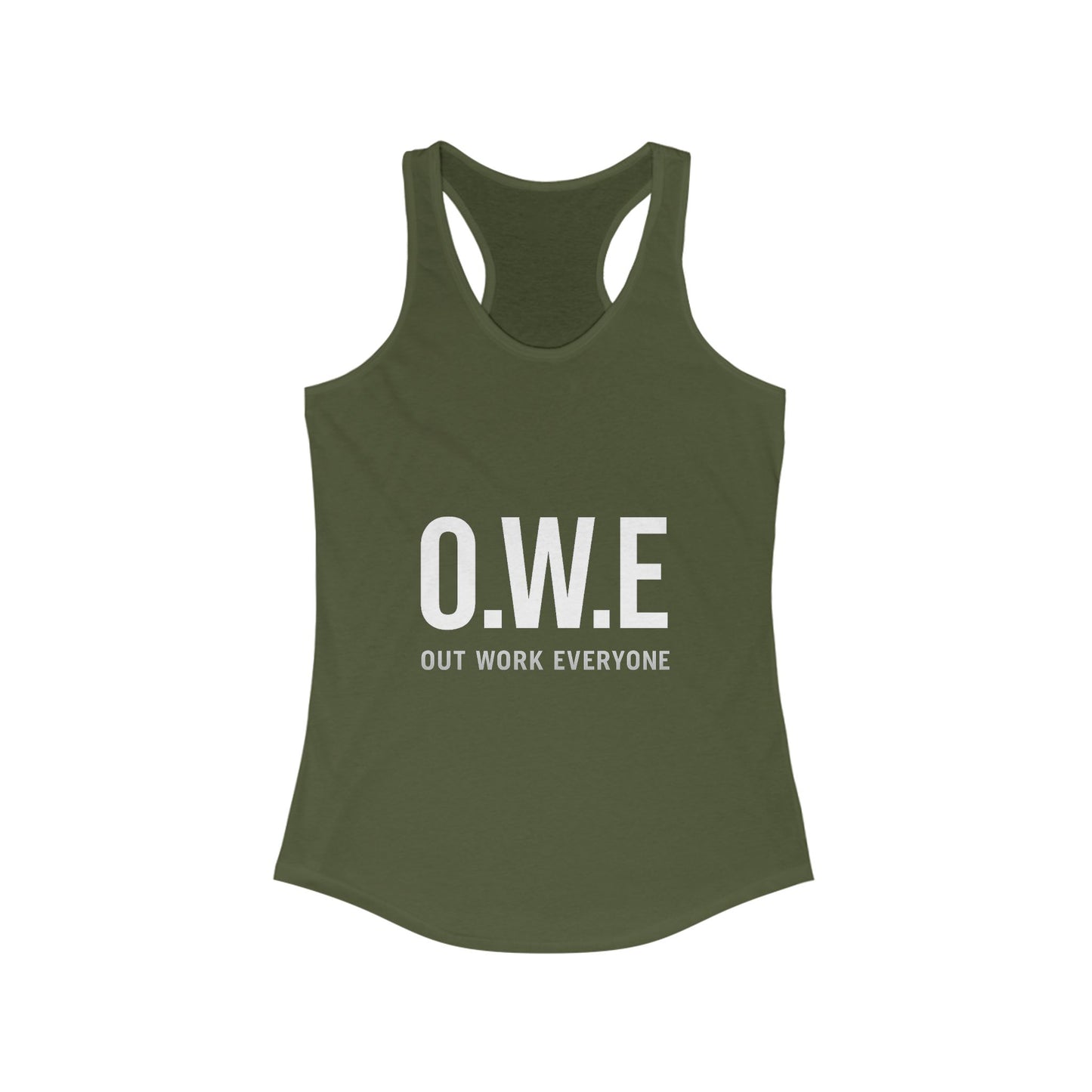 O.W.E. Women’s Racerback Tank – “Out Work Everyone” (White)