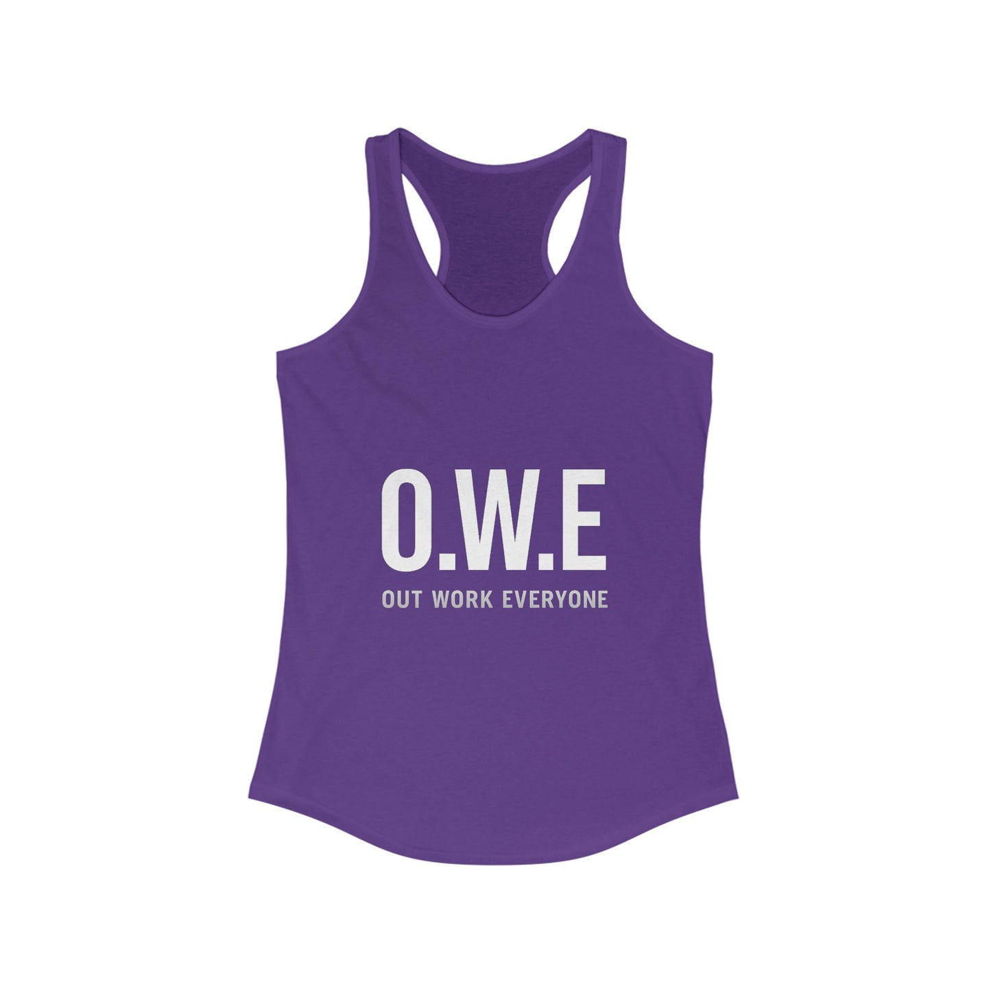 O.W.E. Women’s Racerback Tank – “Out Work Everyone” (White)