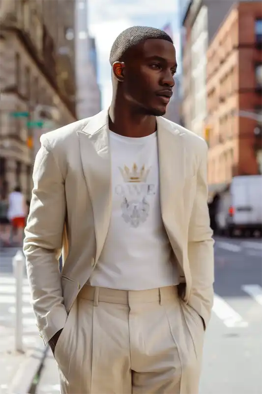 A stylish menβs linen suit in a light beige color, paired with a white t-shirt featuring a subtle graphic design.