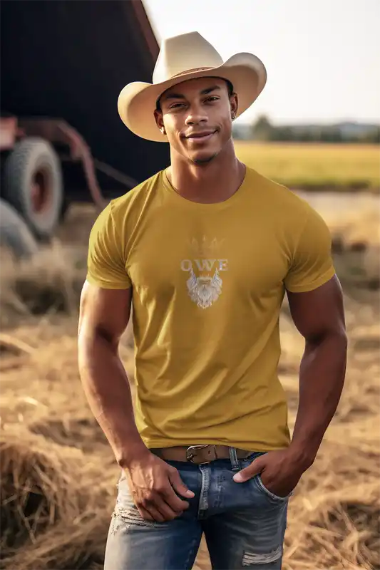 Yellow short-sleeved t-shirt with a graphic design.