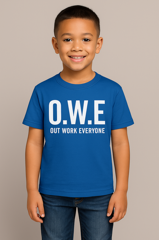 O.W.E. Kids Tee – “Out Work Everyone” Youth Edition (Blue)